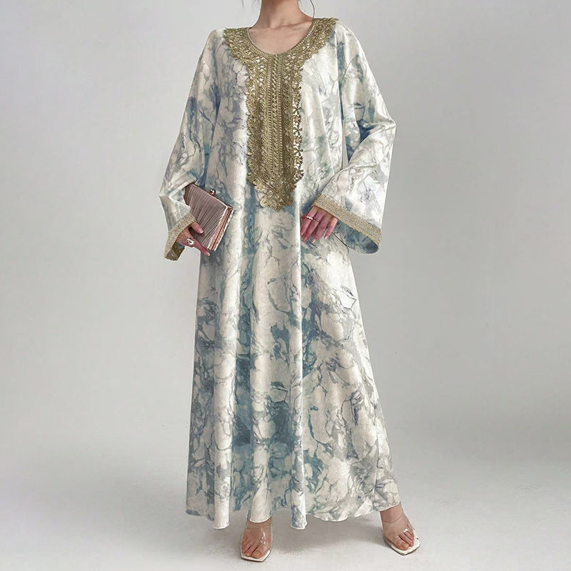 Bohemian Embroidered Printed V-Neck Maxi Dress, Long Sleeve Loose Fit Casual Plus Size Dress