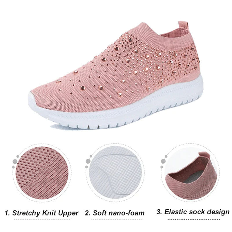 Sparkling Rhinestone Slip-On Sneakers Rhinestone Flyknit Sneakers