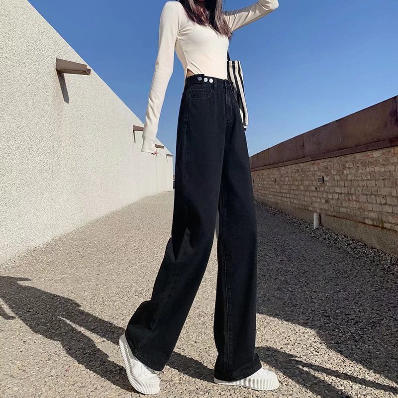 Effortless Elegance – Minimalist Wide-Leg Trousers New High Waist Drooping Straight Jeans For Women