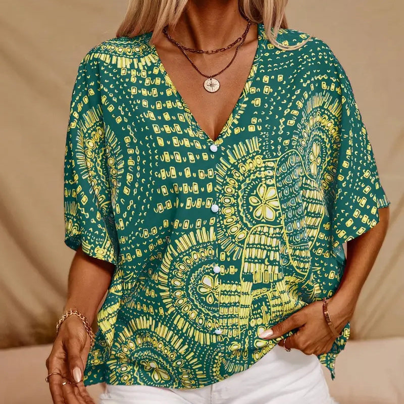 V-Neck Mandala Print Blouse Short Batwing Sleeve Casual Vacation Top