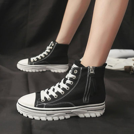 Trendy Platform High-Top Sneakers | Side Zip & Lace-Up Fashion Shoes Spring New High-top Canvas Korean Black Martin Boots