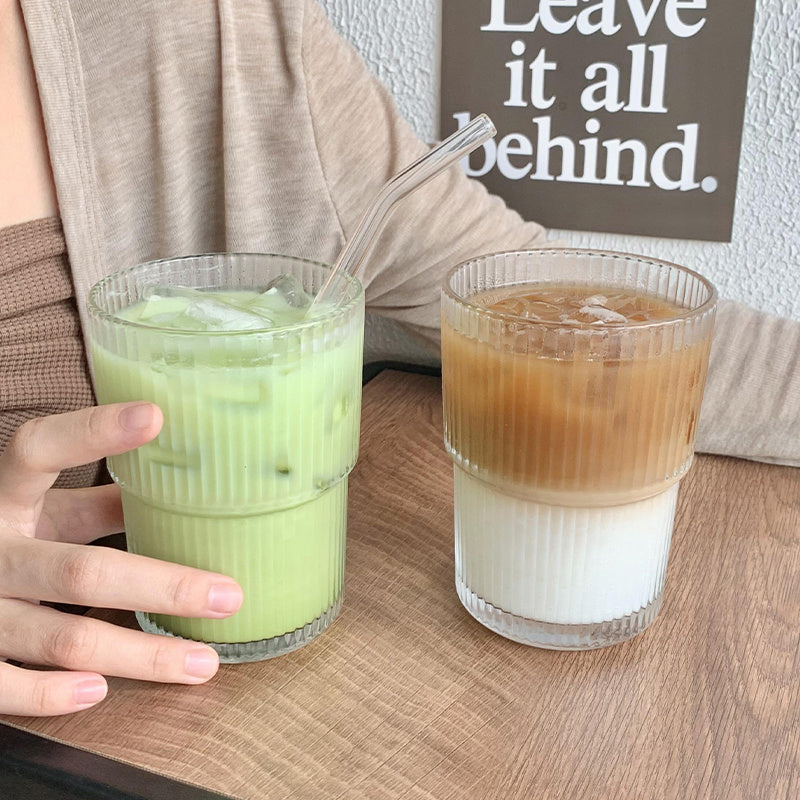 Aesthetic Striped Glass Cup for Cold Drinks Wind Stripe Coffee Mug With Straw With Lid Glass Handy Mug