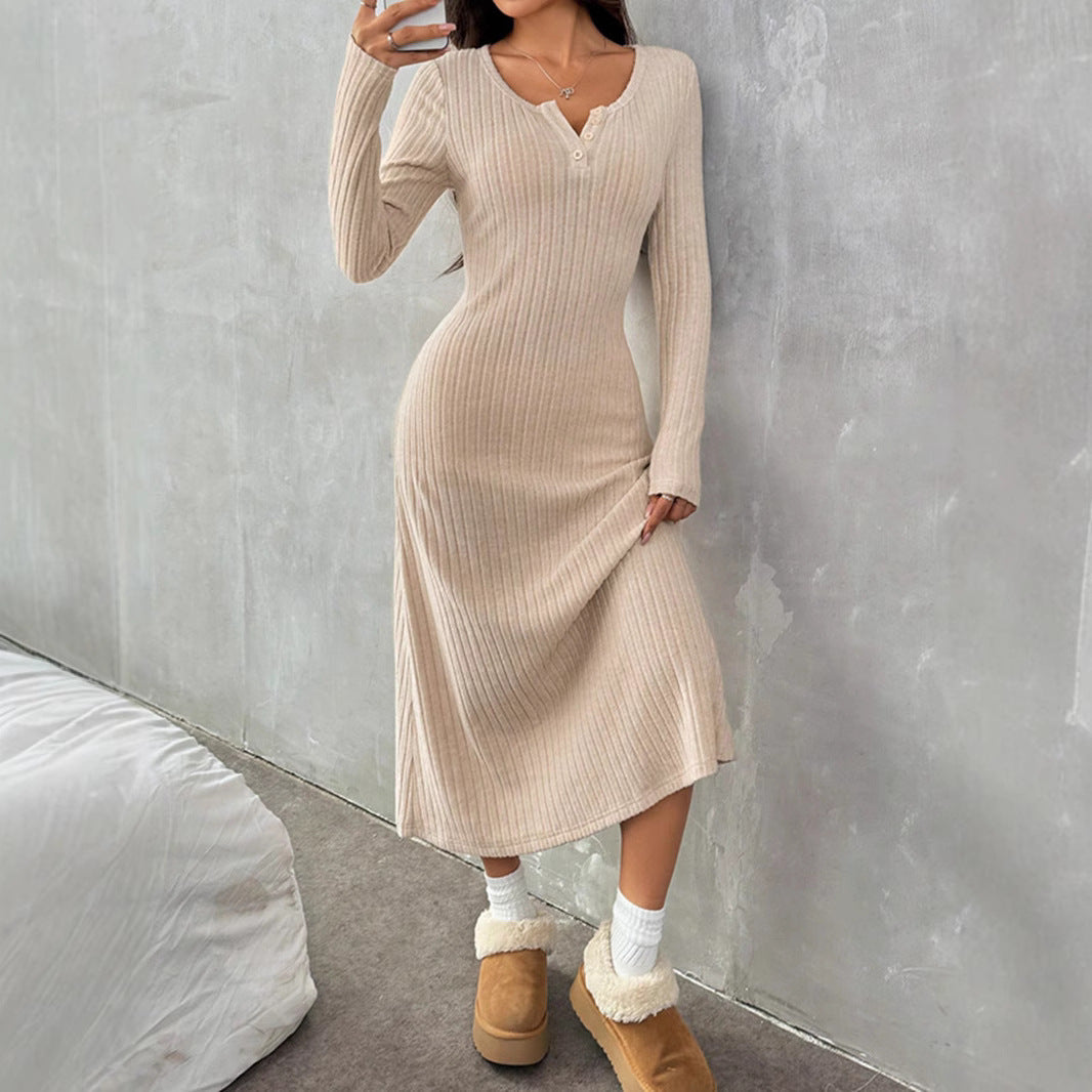 Slim V-neck Solid Color Sweater Bodycon Dress For Women's