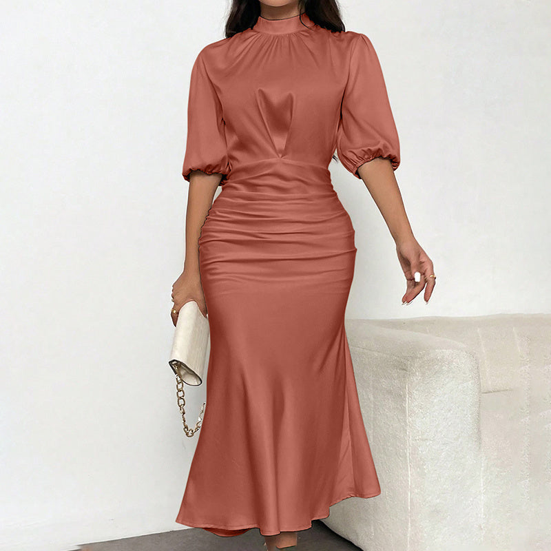 Short Sleeve Mock Neck Ruched Midi Dress Slim Fit Elegant Party Dress Women's