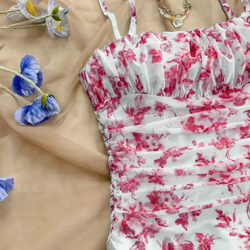 Boho Floral Print Mini Dress Spaghetti Strap Ruched Ruffle Hem Vacation Sundresses