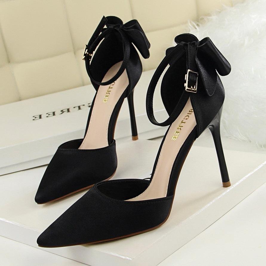 Women's Korean Version Sweet Beauty Sandals Thin High Heels Shallow Mouth Pointed Silk High Heels Pointed satin stiletto high heels