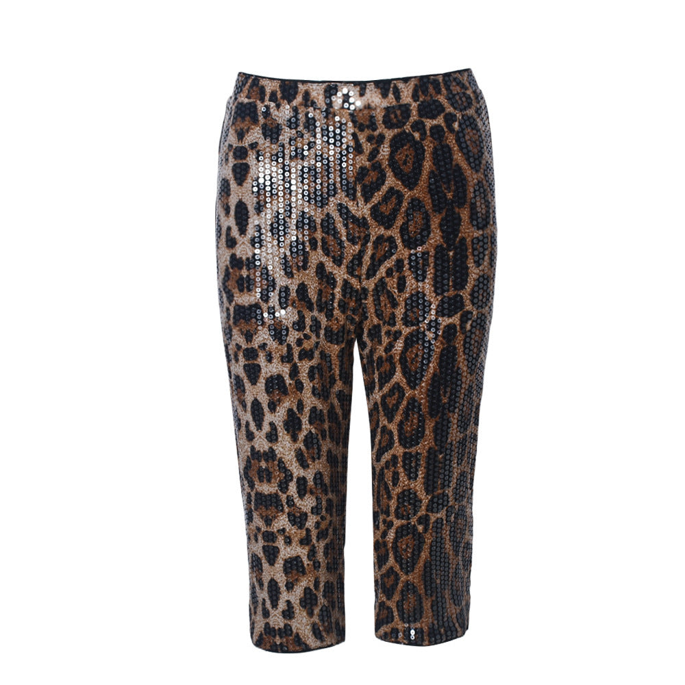 Sequined Leopard Print Elastic Waist Casual Shorts