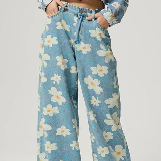 Vintage Flower Print Straight Jeans For Women's