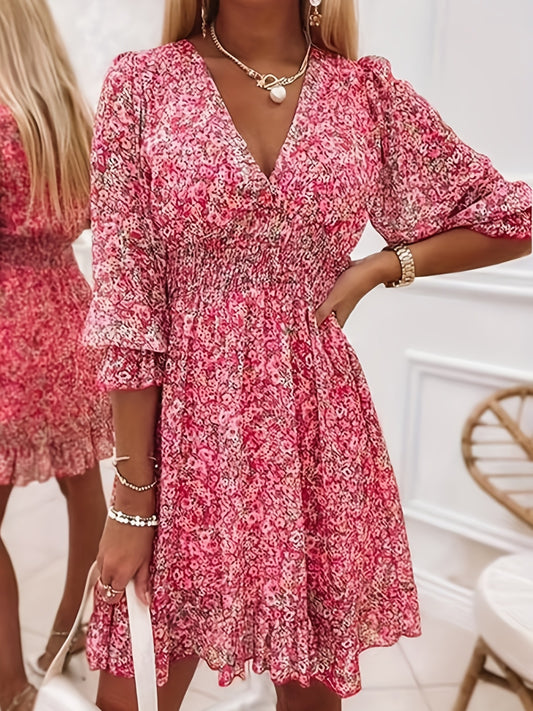 V-neck Printed Dress With Ruffled Sleeves And Waist-exquisite And Elegant Design For Women-perfect For Women's Wear In Spring And Autumn.