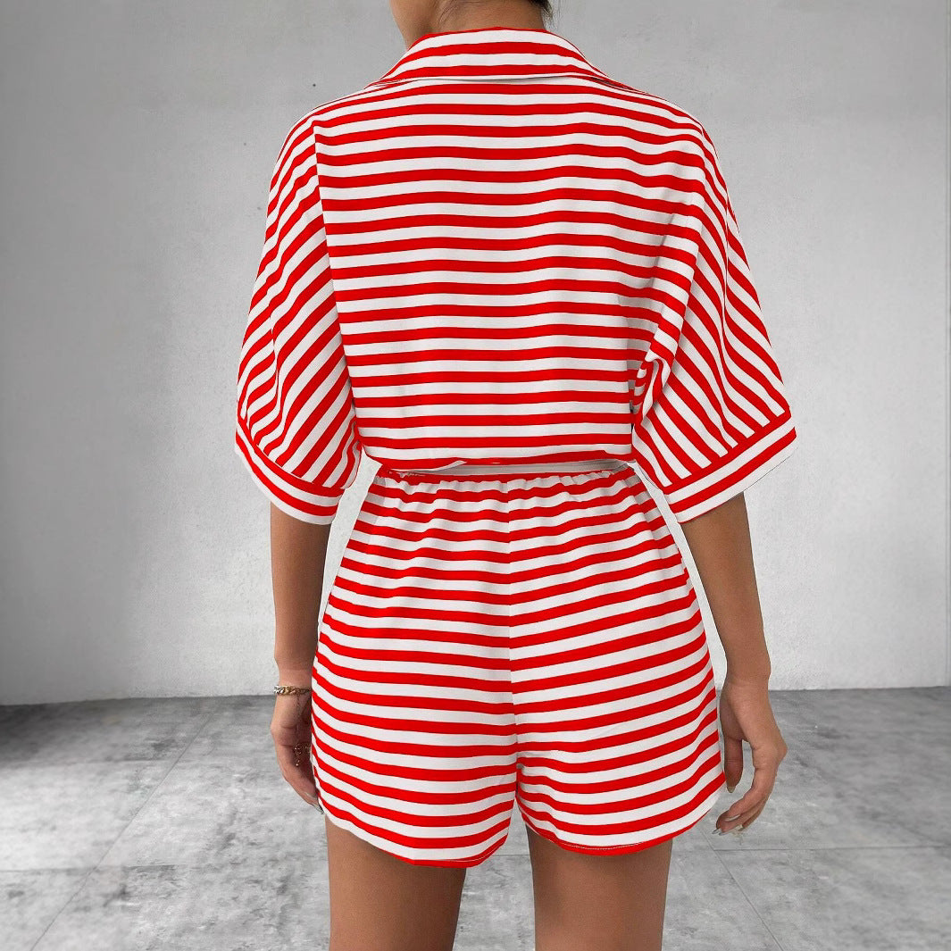 Striped Lapel Cardigan Button Half Sleeve Belt Shorts Suit Jumpsuit For Women's