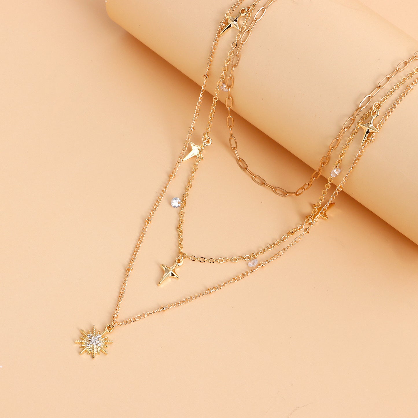 Fashion Gold-plated Double Crystal Pendant Necklace