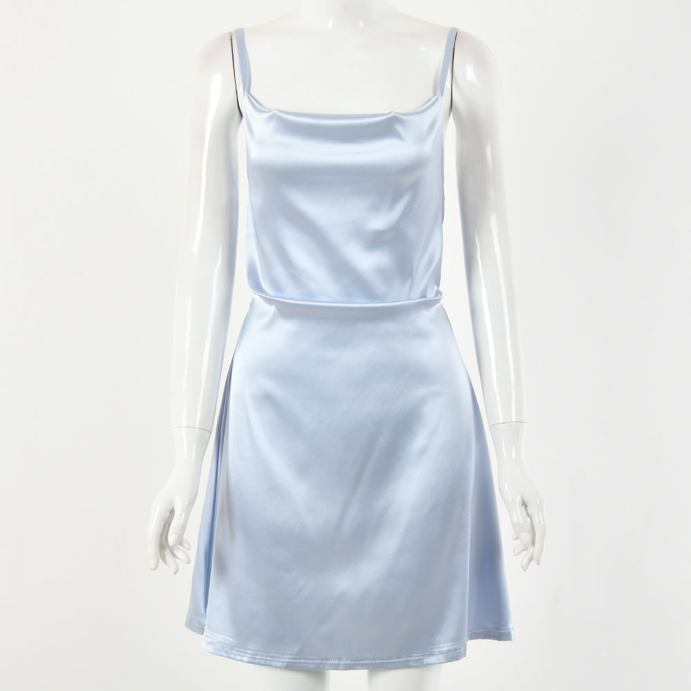 Sexy Cowl Neck Satin Mini Slip Dress Silky drawstring short dress home pajamas