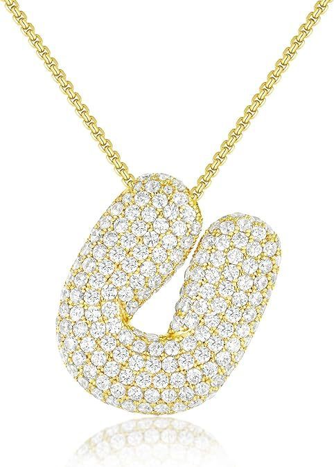 Custom Initial Necklace | Sparkle Alphabet Pendant Brass Zircon Balloon English Letter Necklace