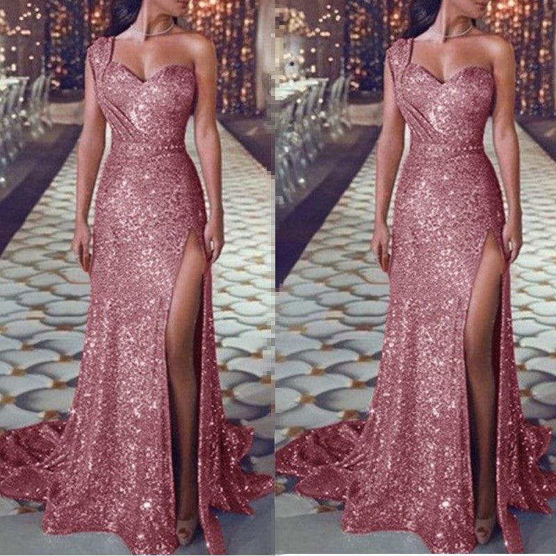 One-shoulder Sleeveless Bronzing Split Dress Women's Clothing