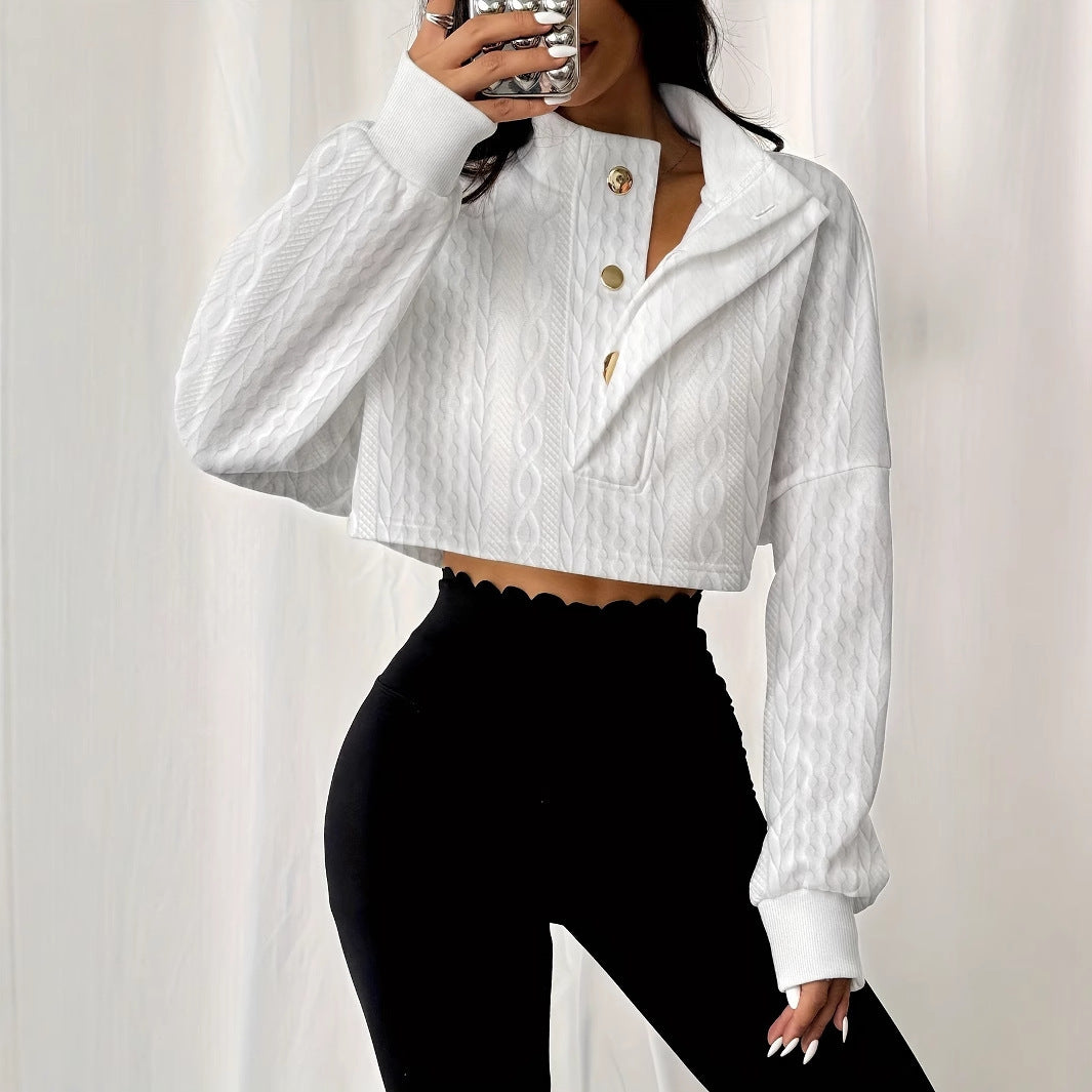 Solid Color Stand Up Collar Front Button Long Sleeved Textured Short Hoodie