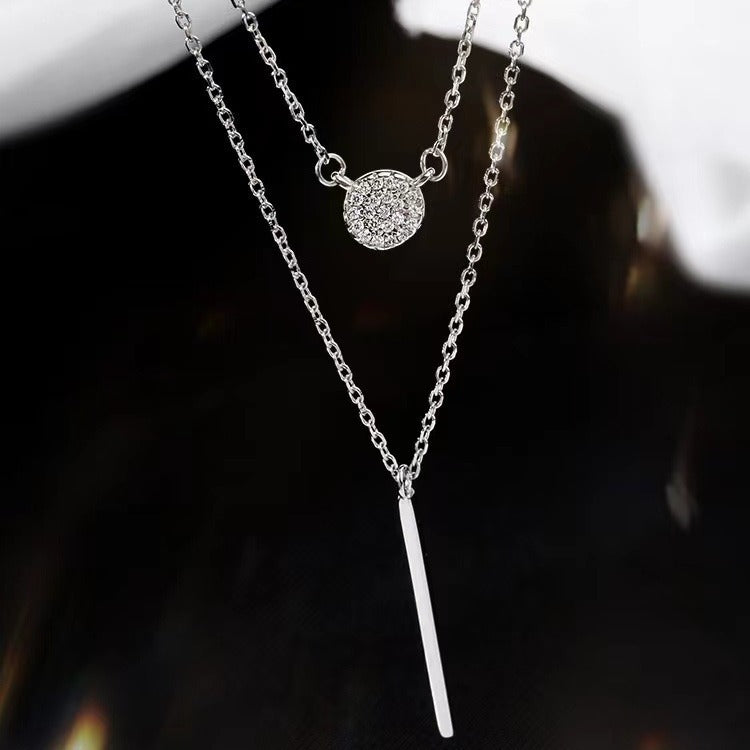 Multi-Layered Silver Tone Dainty Necklace with Bar & Round Pendants Silver Color Double Chain Long Stick Micro Pave Zircon Round Pendant Necklaces For Women Trendy Jewelry