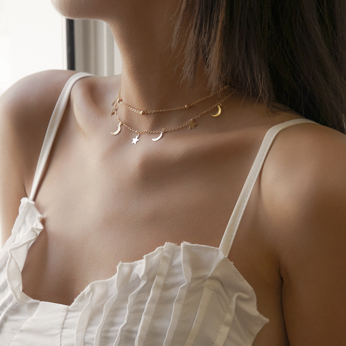Celestial Charm Layered Necklace – Moon & Star Magic for a Dreamy Look Simple Star And Moon Tassel Fine Chain Necklace Female Geometric Bead Clavicle Necklace