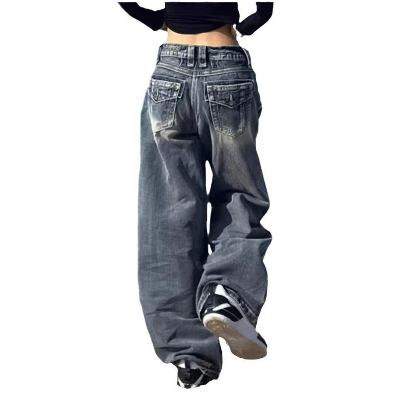 Faded Washed Wide-Leg Jeans – Vintage Y2K Streetwear Denim Distressed Straight Wide Leg Vintage Blue High Waist Jeans For Women