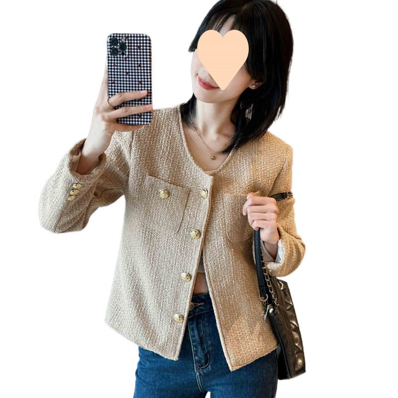 Stylish Beige Button-Up Crop Jacket Korean Style Casual Niche Anti-aging Top