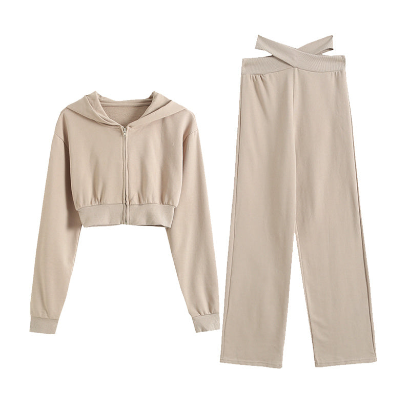 Chic Cropped Zip-Up Hoodie & Wide-Leg Sweatpants Set Trendy Hooded Long Sleeve Crop Crop Sweatshirt