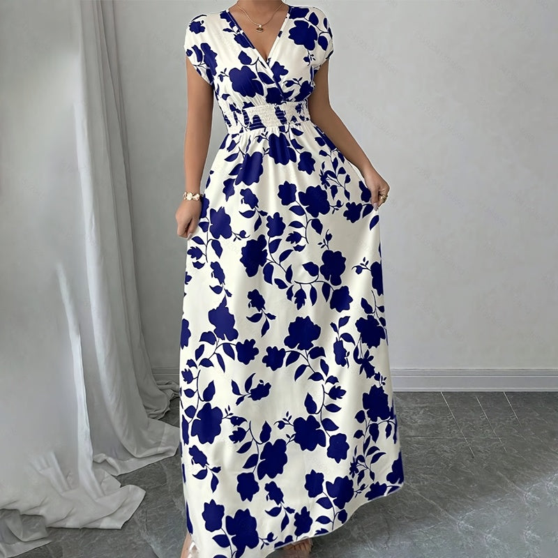 Wrap V Neck Short Sleeve Empire Elastic Waist Summer Casual Elegant Maxi Long Dresses