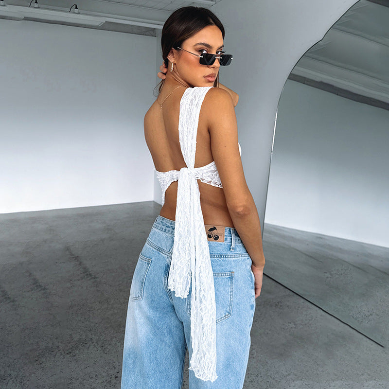 Sexy Tie-Back One-Shoulder Crochet Lace Cami Top Women's Clothes