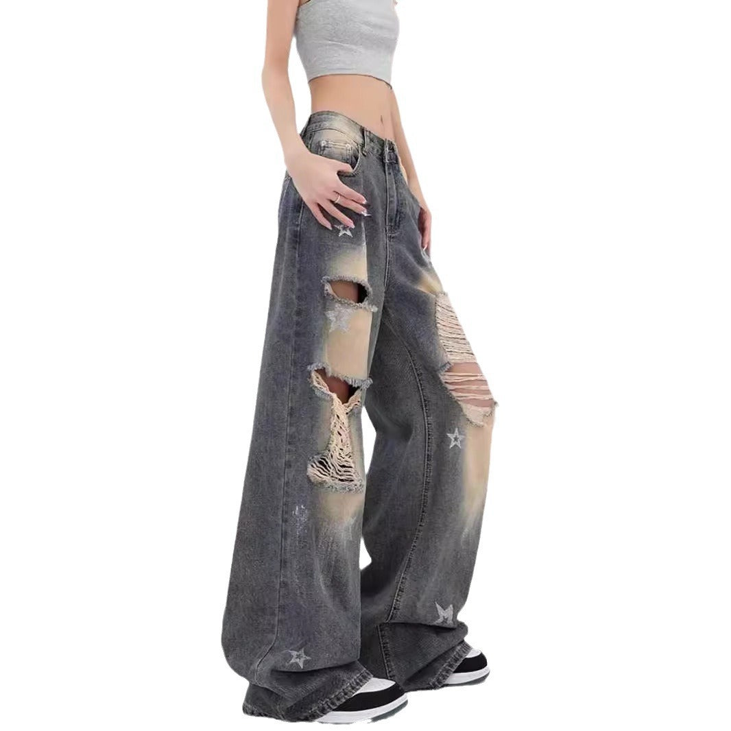 Star Patch Ripped Wide-Leg Jeans – Y2K Grunge Aesthetic Denim for Women High Street Loose American Retro XINGX Ripped Jeans For Women