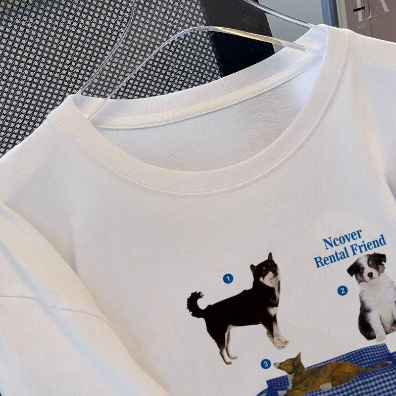 Never Rental Friend” Dog Print Tee – A Paw-sitive Style Statement Women's Short Sleeve Korean Cotton Top