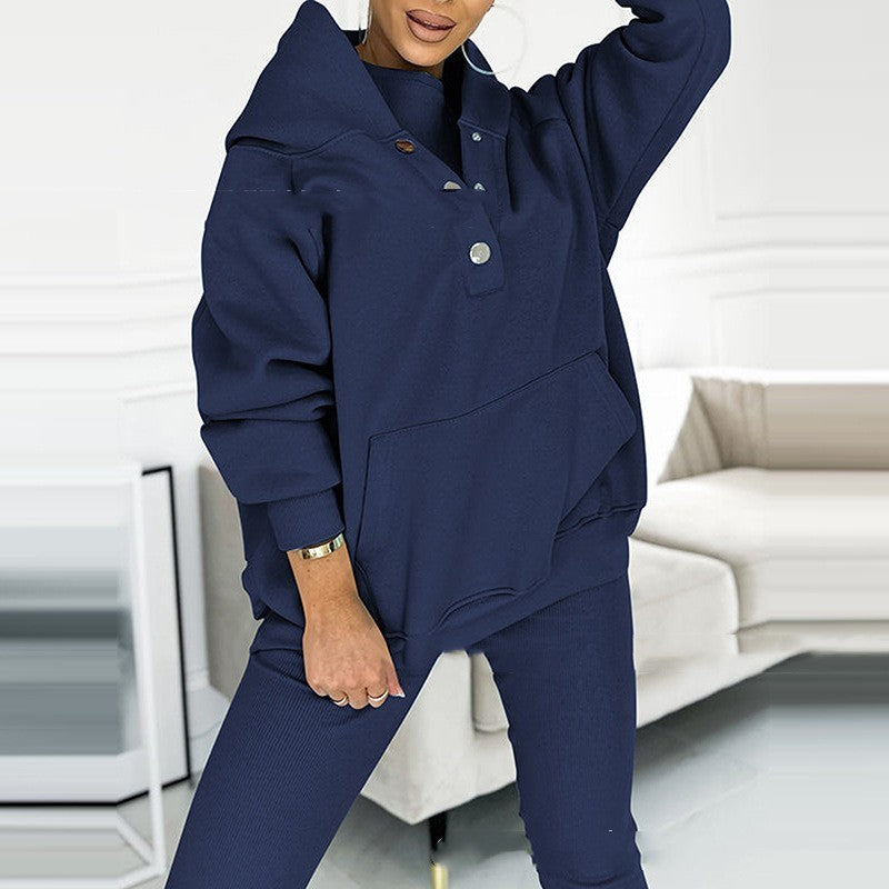 3-Piece Lounge Set – Cozy, Chic & Effortlessly Stylish For Women's Sports Suit Loose Hooded Pockets Sweatshirt And Vest And Slim Trousers