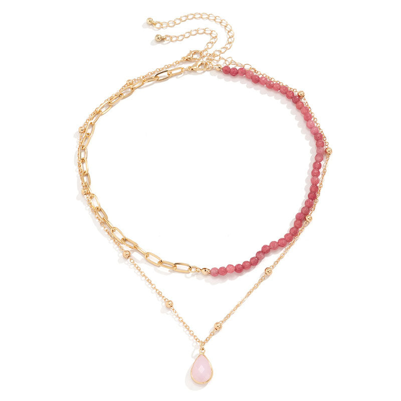 Pink Teardrop Layered Necklace – Delicate & Feminine Duo Chain Light Luxury Irregular Design Niche Stacking Collarbone Chain