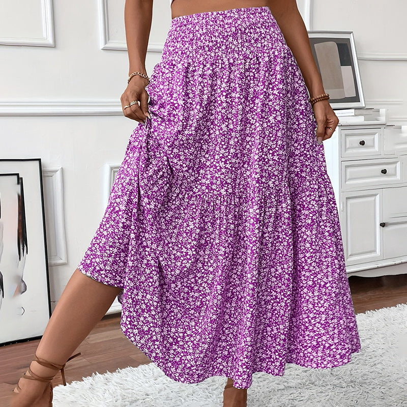 Boho Floral Maxi Skirt - High Elastic Waist, Pleated A-Line Long Skirt