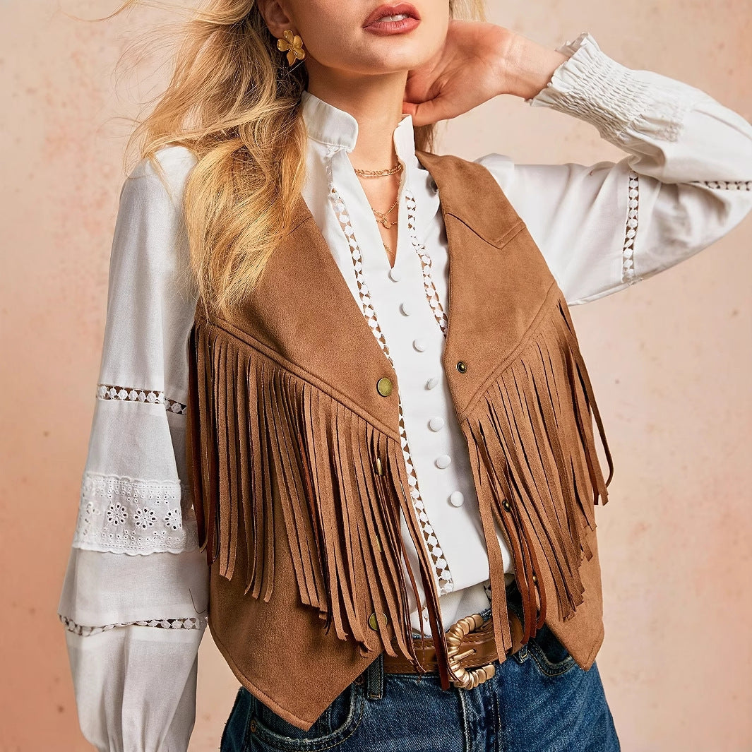 Solid Color Casual Retro Tassel Decoration Front Metal Button Vest Jacket