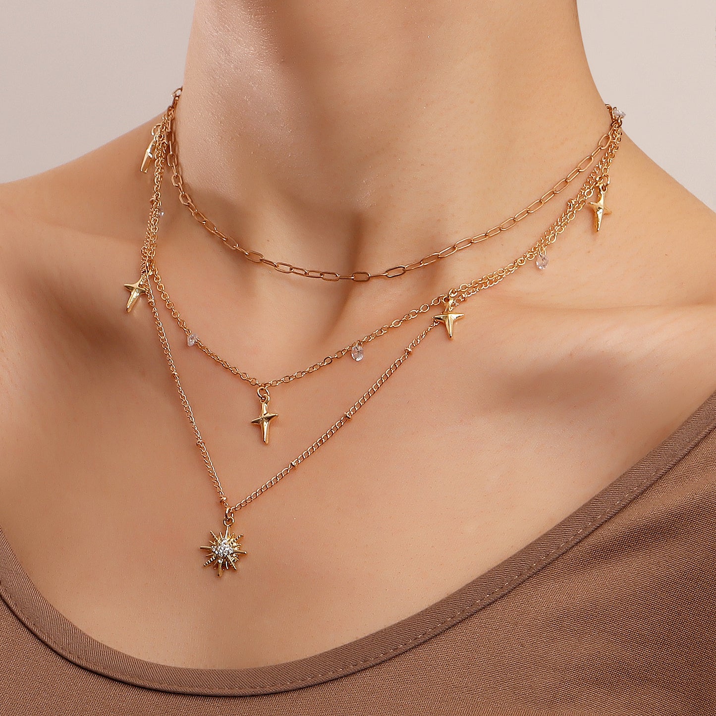 Fashion Gold-plated Double Crystal Pendant Necklace