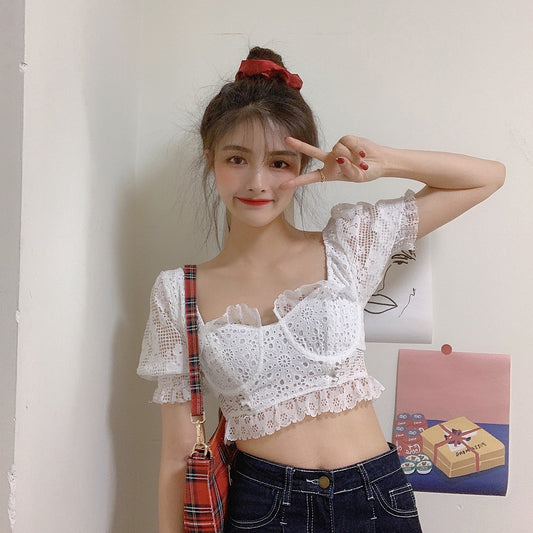 Sweet & Chic Embroidered Lace Blouse - Women's Cropped Top Korean style lace puff sleeve short top