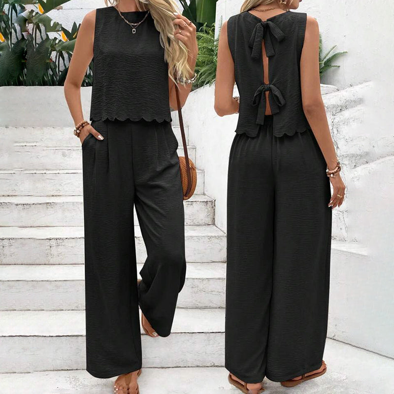 Elegant 2-Piece Matching Set, Sleeveless Crop Top And Wide Leg Pants Outfits