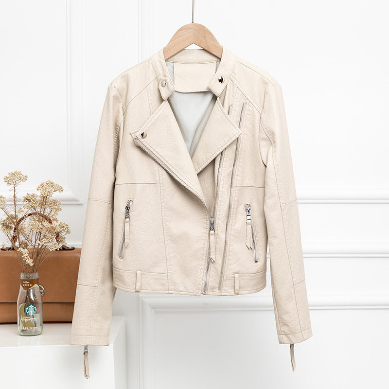 Cream Leather Short Aesthetic Jacket For Women's