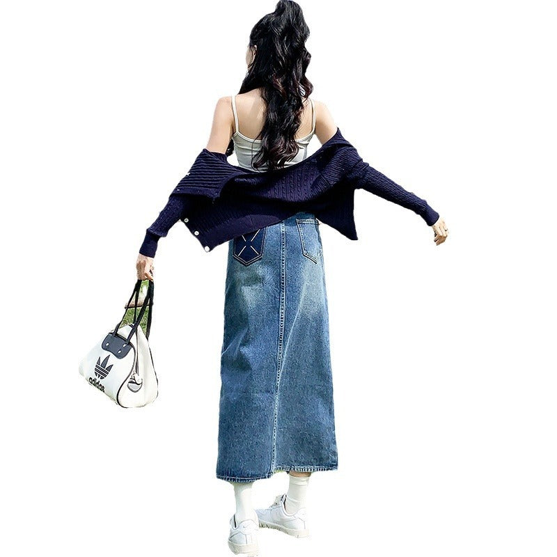 Front Slit High Waist Denim Skirt For Women