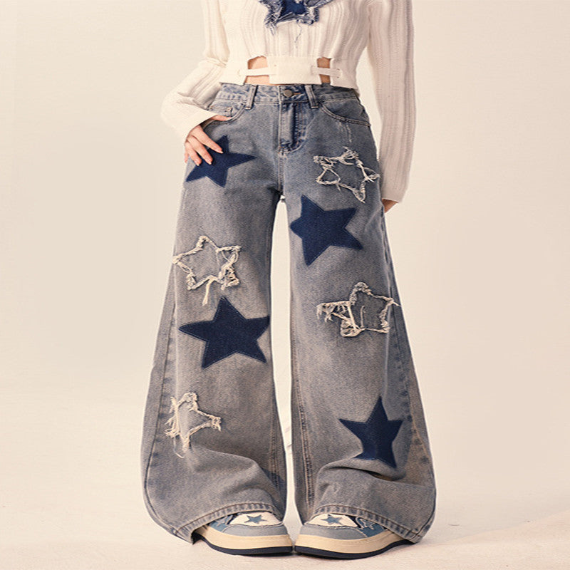 Oversized Star Patch Wide-Leg Jeans – Statement Streetwear Denim National Fashion XINGX Embroidery Washed Worn Jeans Men And Women Straight-leg Trousers