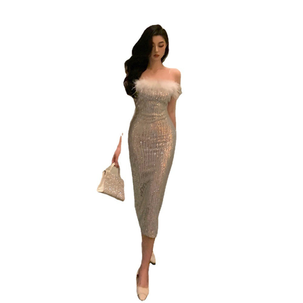 High-class Feather Stitching Sequin Bodycon Dress For Women's