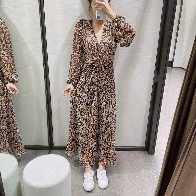 Floral Retro Printed V-neck Long sleeves Tulle Dress Woman vintage Goth Long dress