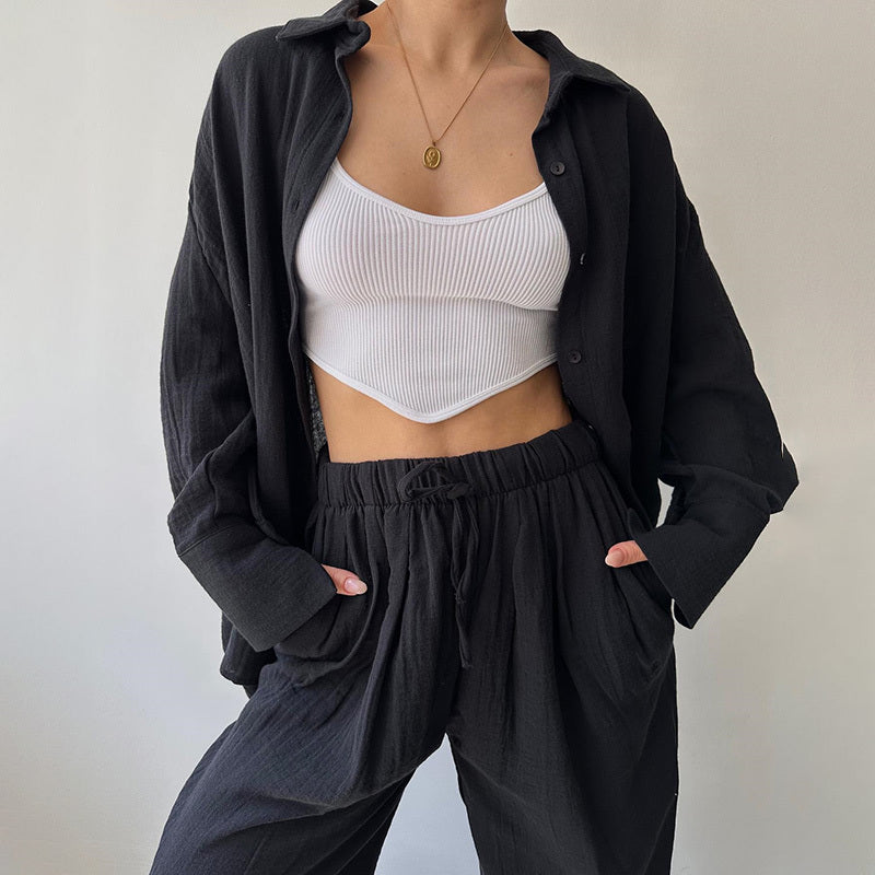 Solid Color Lapel Collar Long Sleeve Shirt & High-Waist Pants Set - Casual Loose Fit Outfit