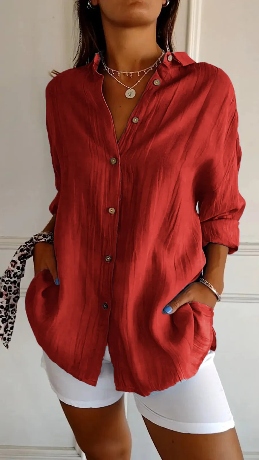 Lapel Long Sleeve Shirt Single-breasted Pleated Shirt For Women's