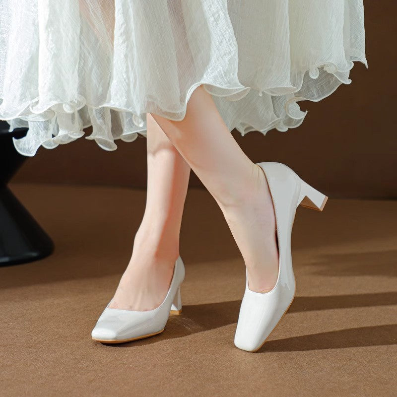 Classic Style High Heel Patent Leather Square Toe Light Luxury French Shoes