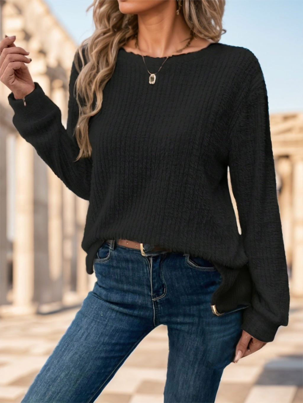 Plain Collar Rib Knit Casual Basic T-Shirt Blouse Women