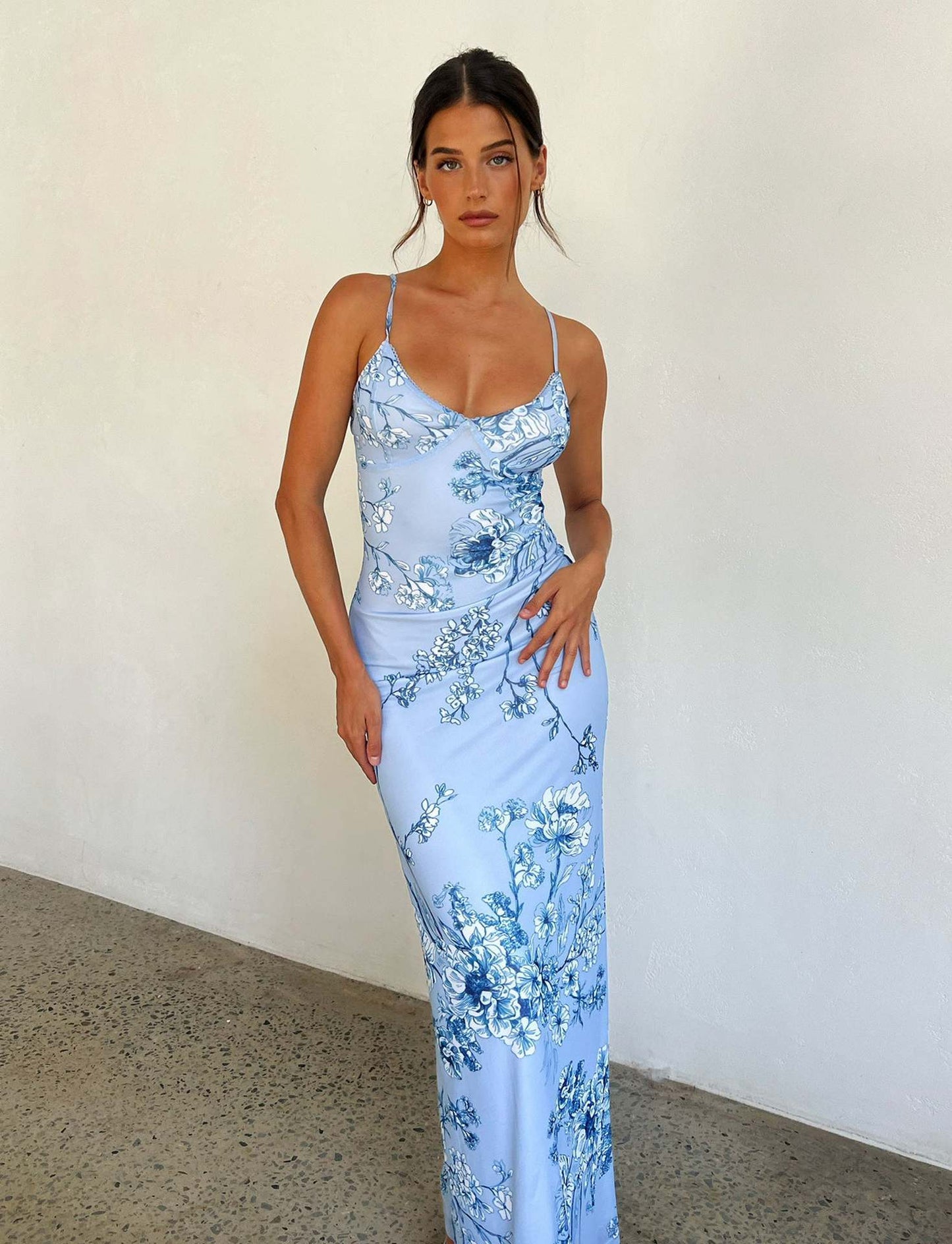 Elegant Floral Print Satin Slip Maxi Dress | Flowy Cowl Neck Gown Y2K Slim Flowers Printing Slip Dress Women's Summer Suspender Skirt Vacation Beach Long Dresses