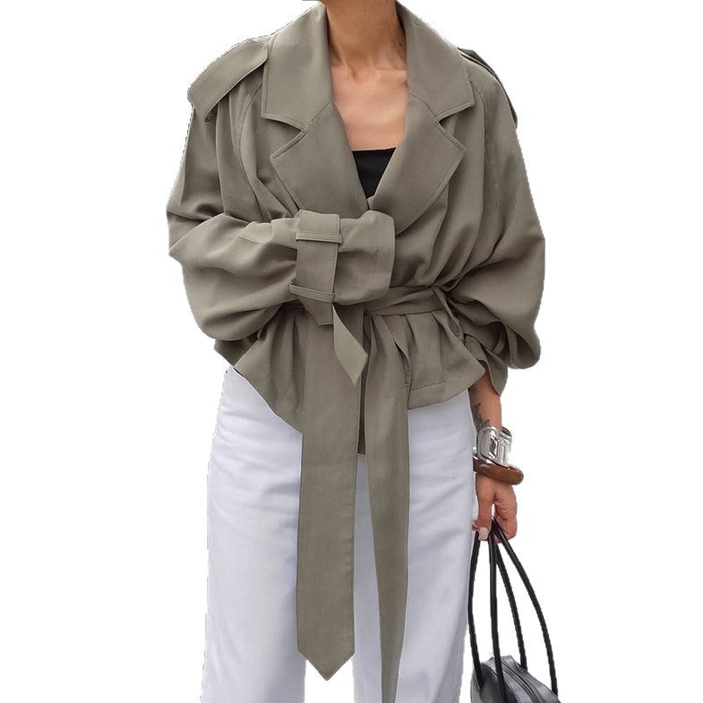 Large Lapel Lace-up Trench Coat Fashionable Jacket