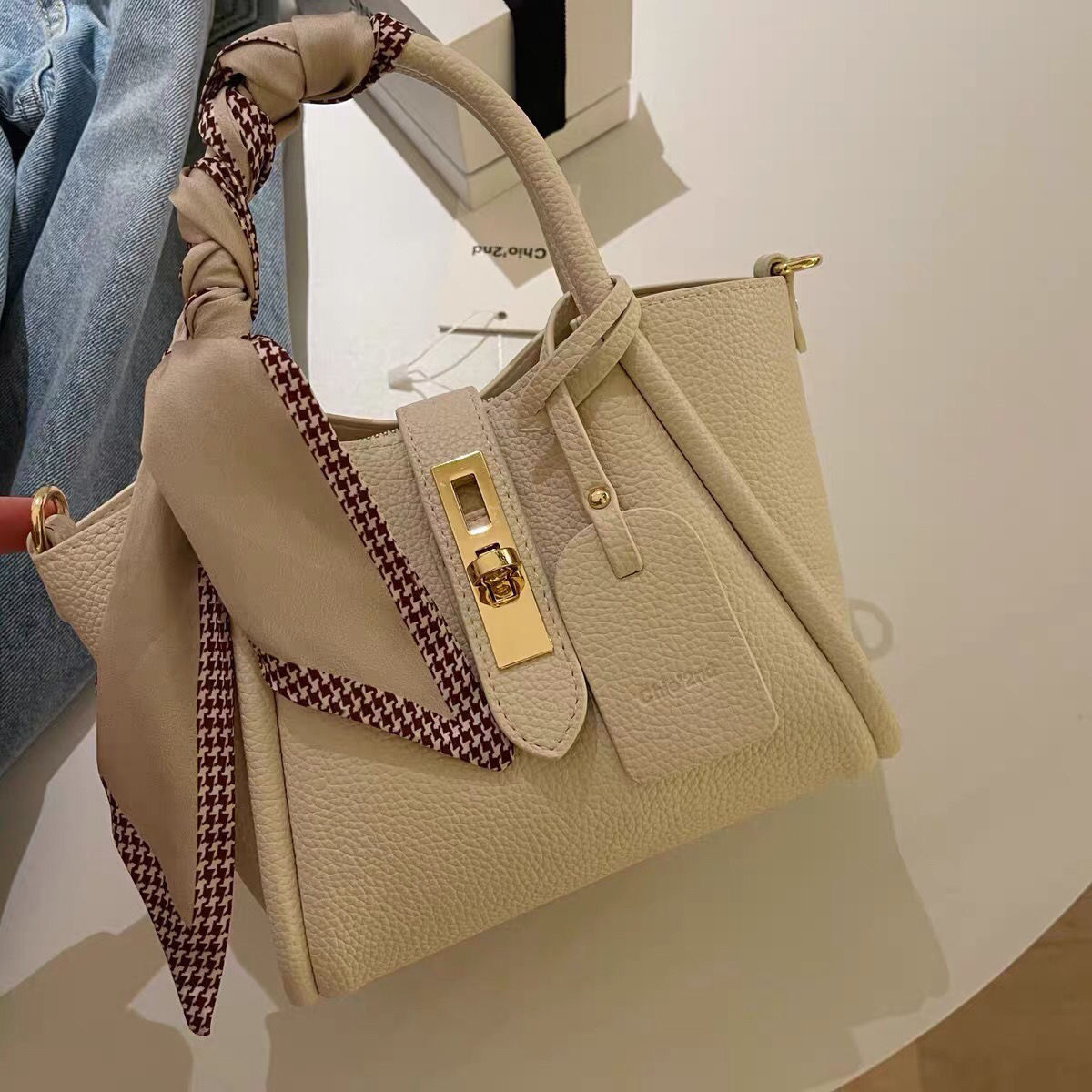 Litchi Pattern Soft Leather Portable Tote Bag For Women