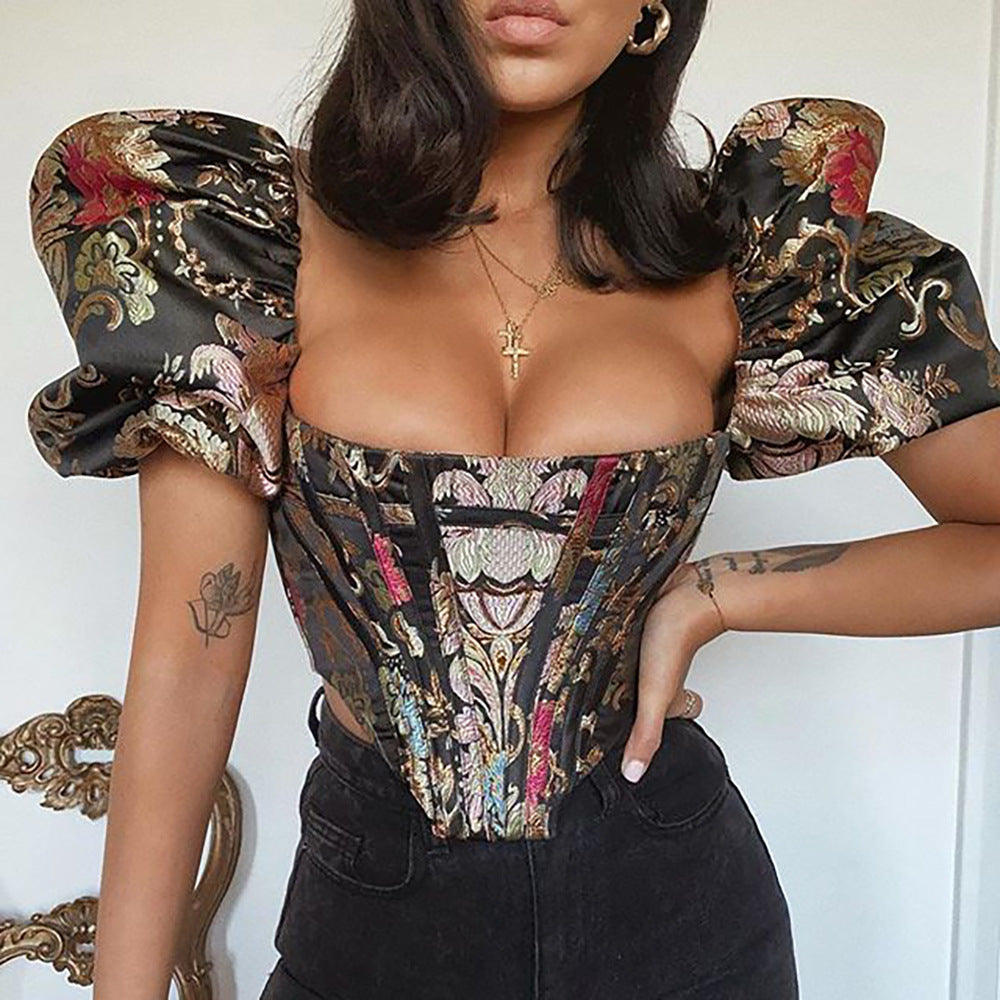 Baroque Floral Print Corset Top with Puff Sleeves Crop navel wrap bodice slim bodice