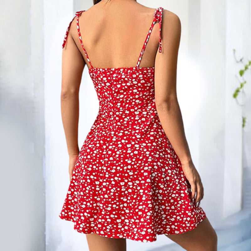 Floral Mini Dress Spaghetti Strap Sleeveless Tie Shoulder Ruffle Summer Boho Dresses