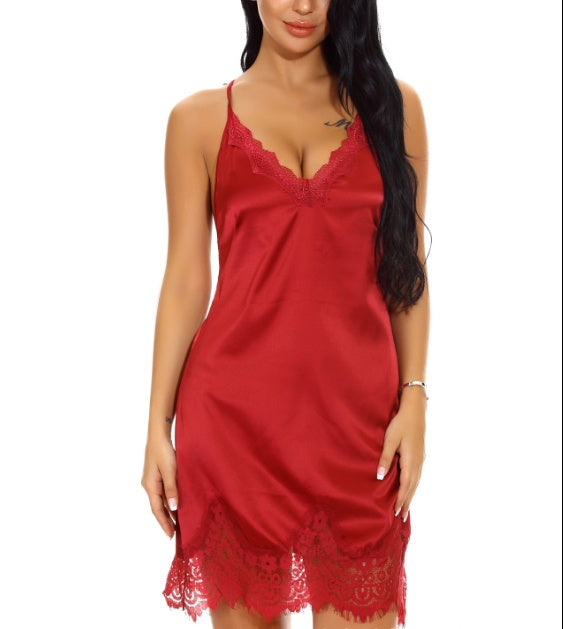 Silky Satin Lingerie Dress with Eyelash Lace Sexy Criss Cross Back Long Dresses Baby dolls